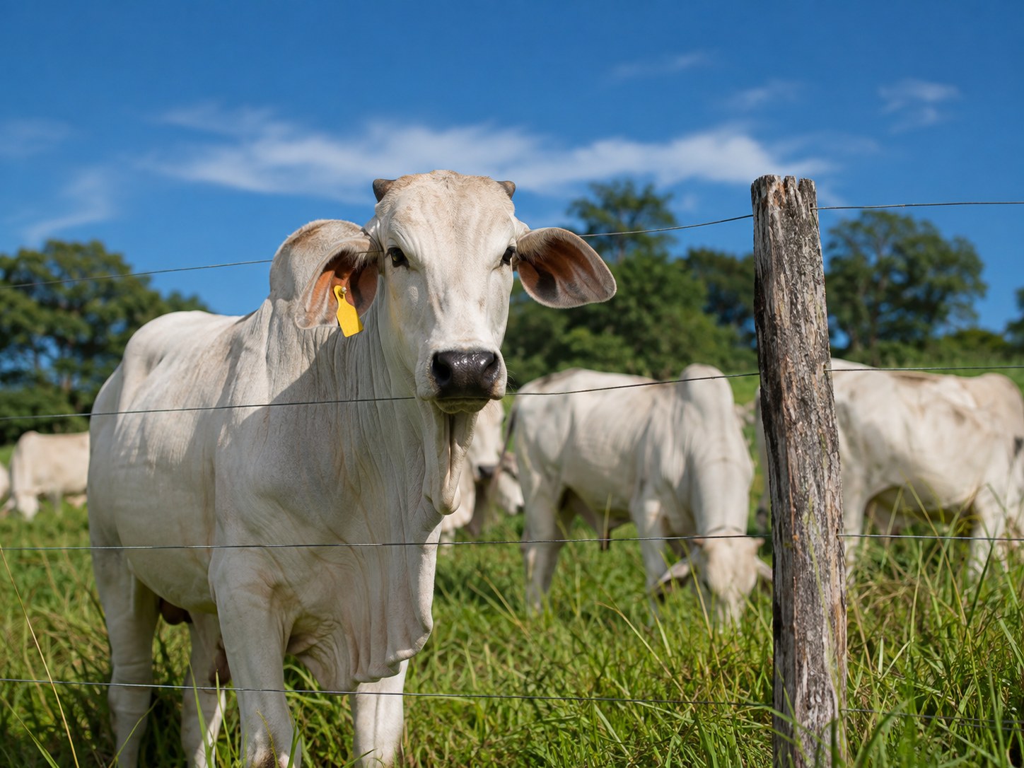 Nelore com brinco de identificação, atrás de cerca